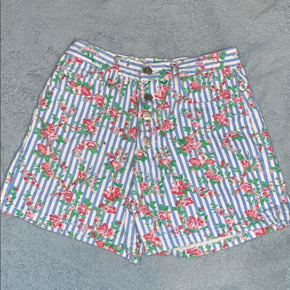 High waist denim floral shorts